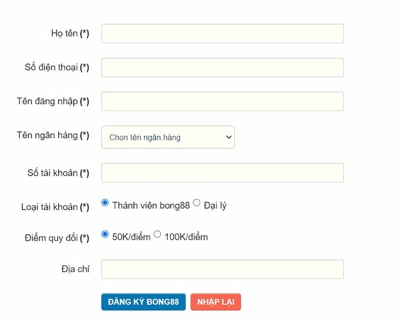 Người chơi cần điền chính xác các thông tin Bong88 yêu cầu